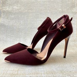 TED BAKER “Vleyi d’Orsay” Burgundy Suede Heels with Rose Gold Hardware.